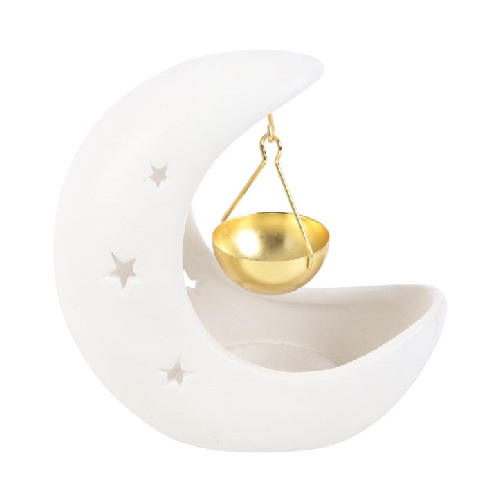 White Crescent Moon Oil Burner with Gold Dish | Ceramic | Star Cut-Out | New