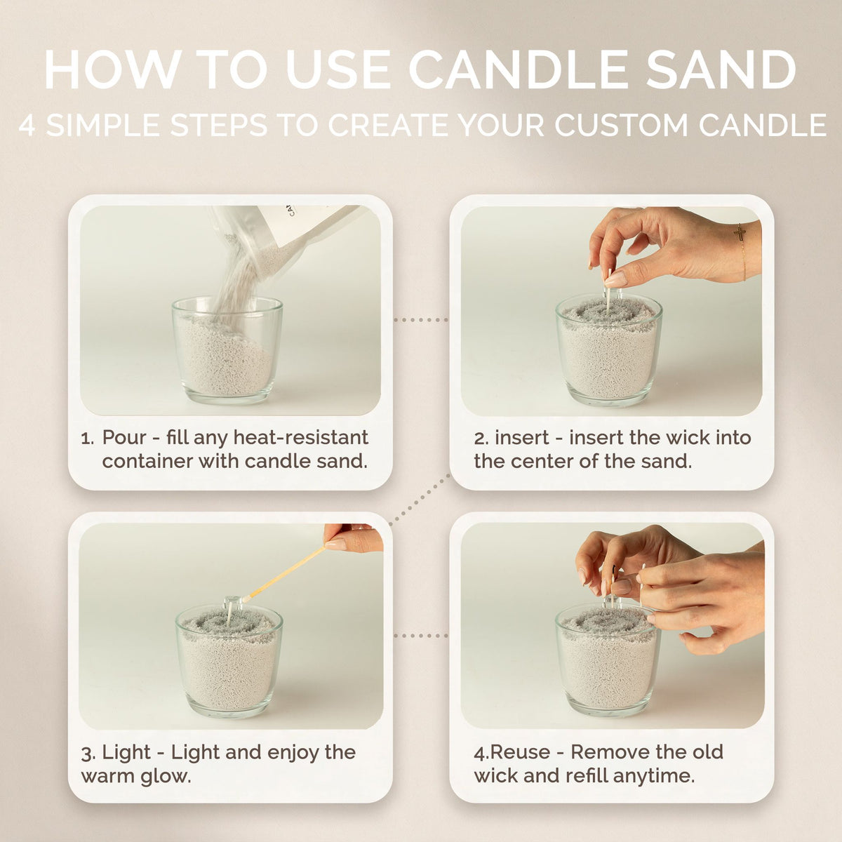 Spirited candle sand: four-step guide to pour, insert the wick, light and reuse