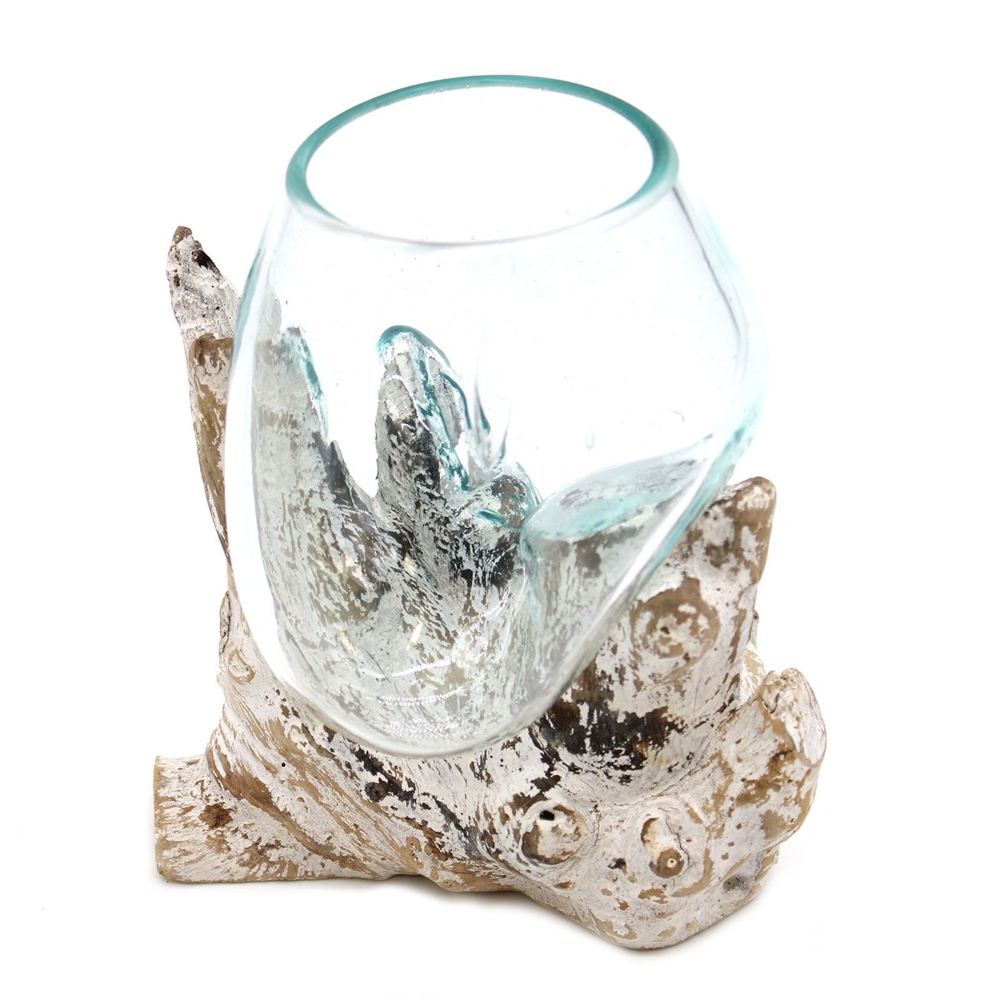 Molten Glass on Whitewash Wood | Medium Bowl | Handmade in Bali | 16x12x12cm | New