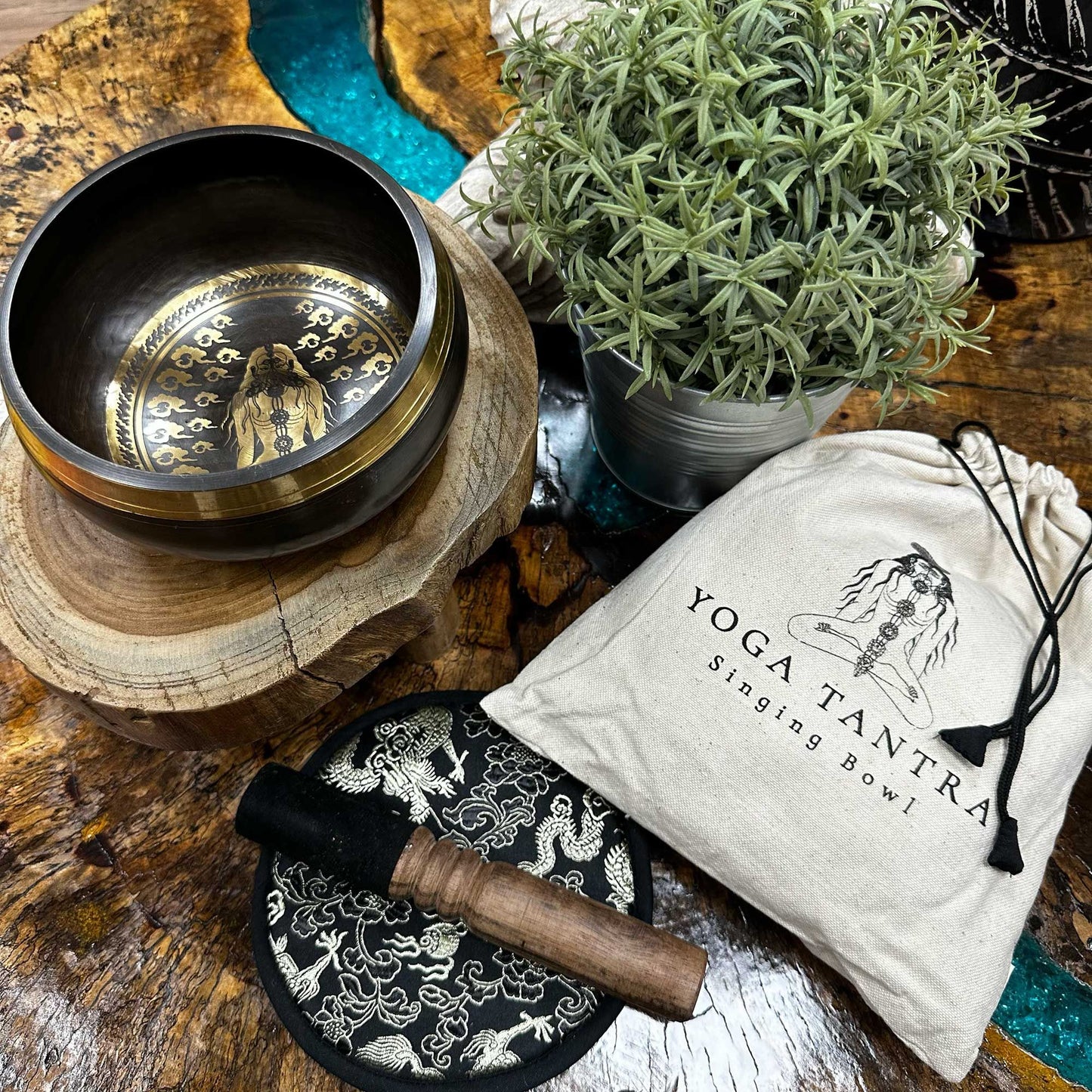 Yogi Singing Bowl Gift Set | Hand Beaten and Engraved | 14cm | Brass | New