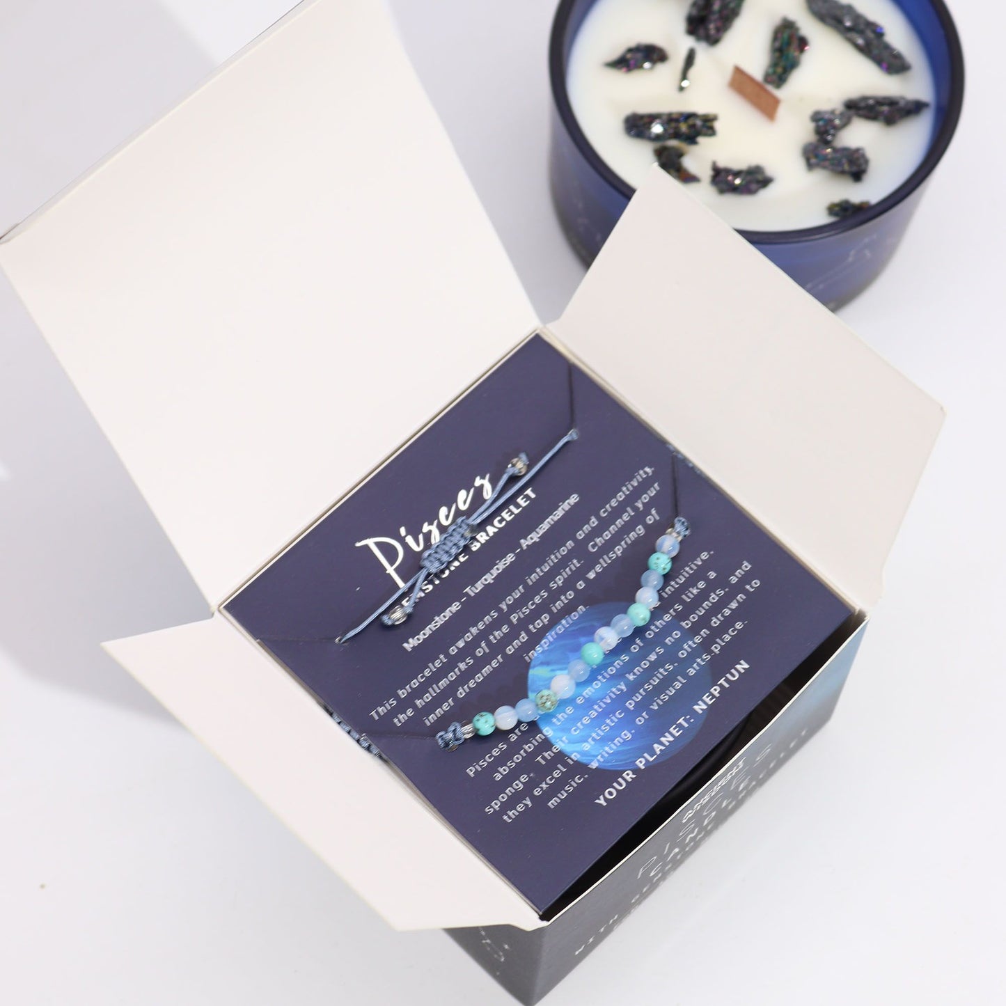 Pisces Birthday Zodiac Candle and Crystal Bracelet Gift Set | Soy Wax | Moonstone Aquamarine Turquoise