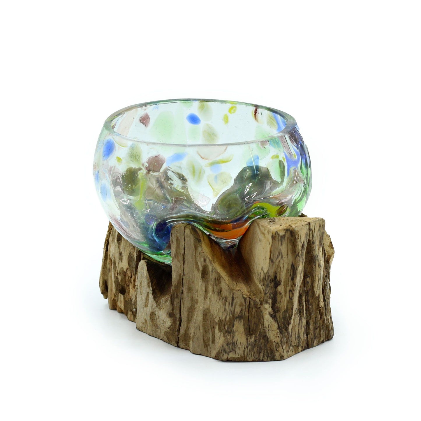 Molten Coloured Glass Bowl on Driftwood | Small | Handmade Balinese Art | 14x7x9cm | New