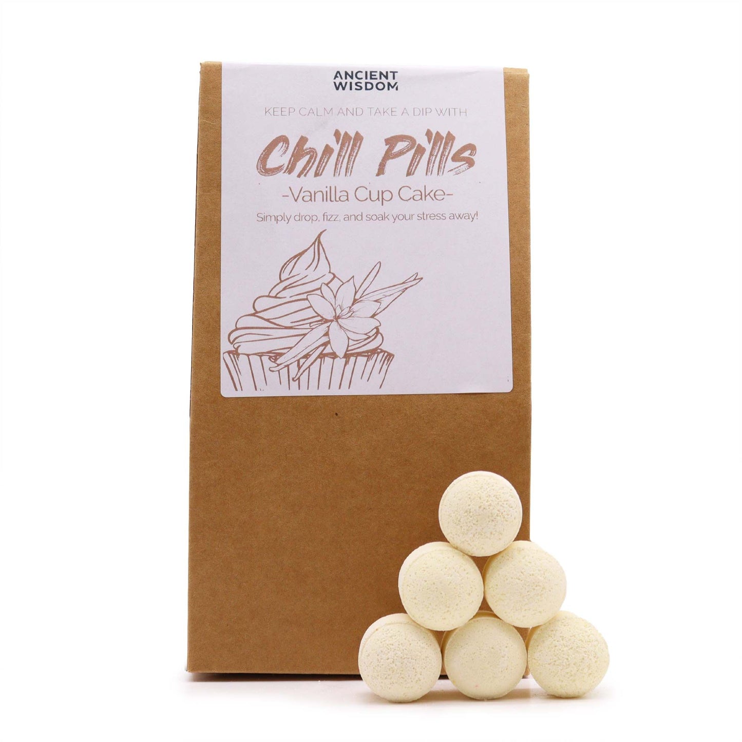 Chill Pills Bath Bomb Gift Pack | Vanilla Cup Cake | 350g | 30 Mini Bath Bombs | Handmade England | New