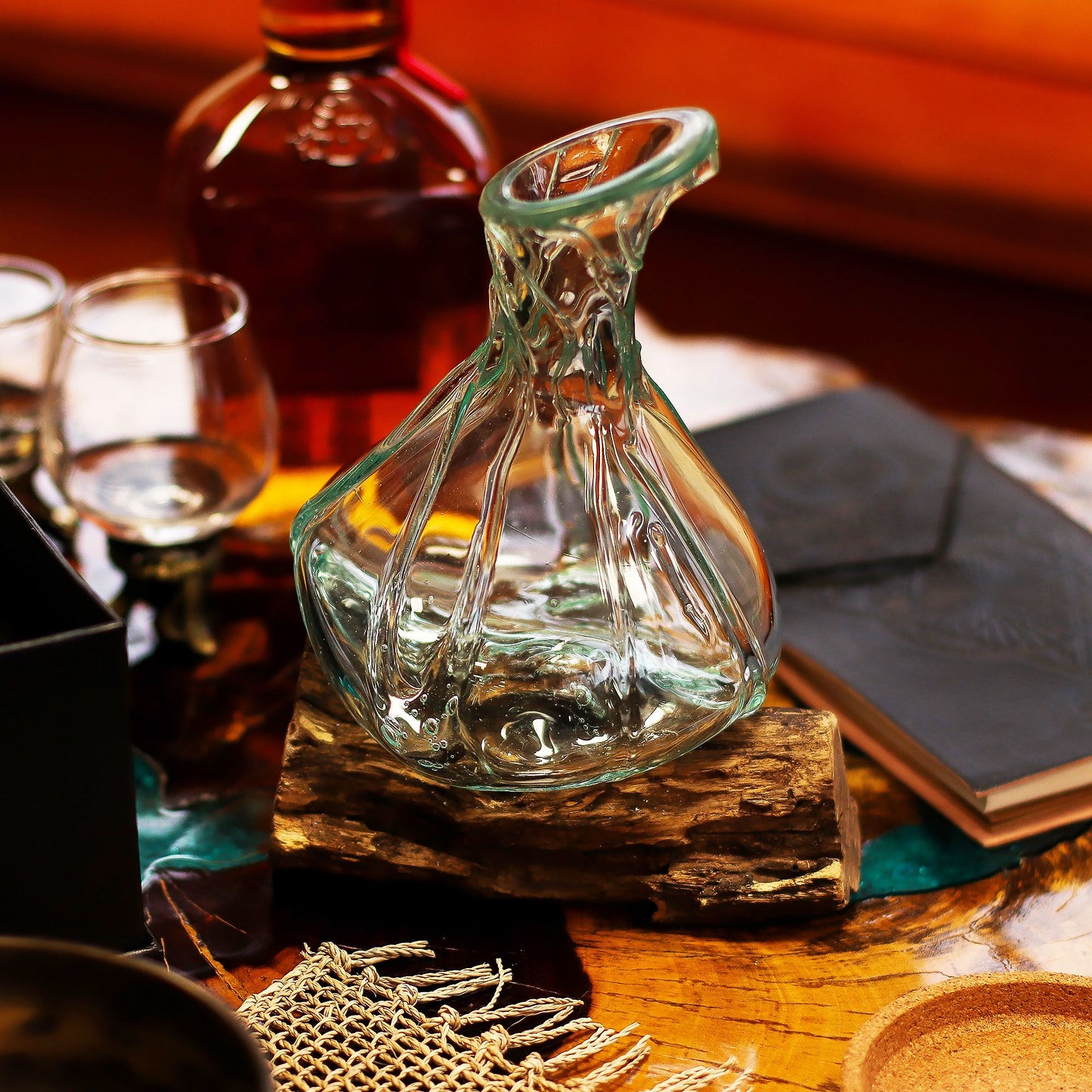 Molten Glass Fancy Mini Decanter on Driftwood | Handmade in Bali | 24x15x10cm | New