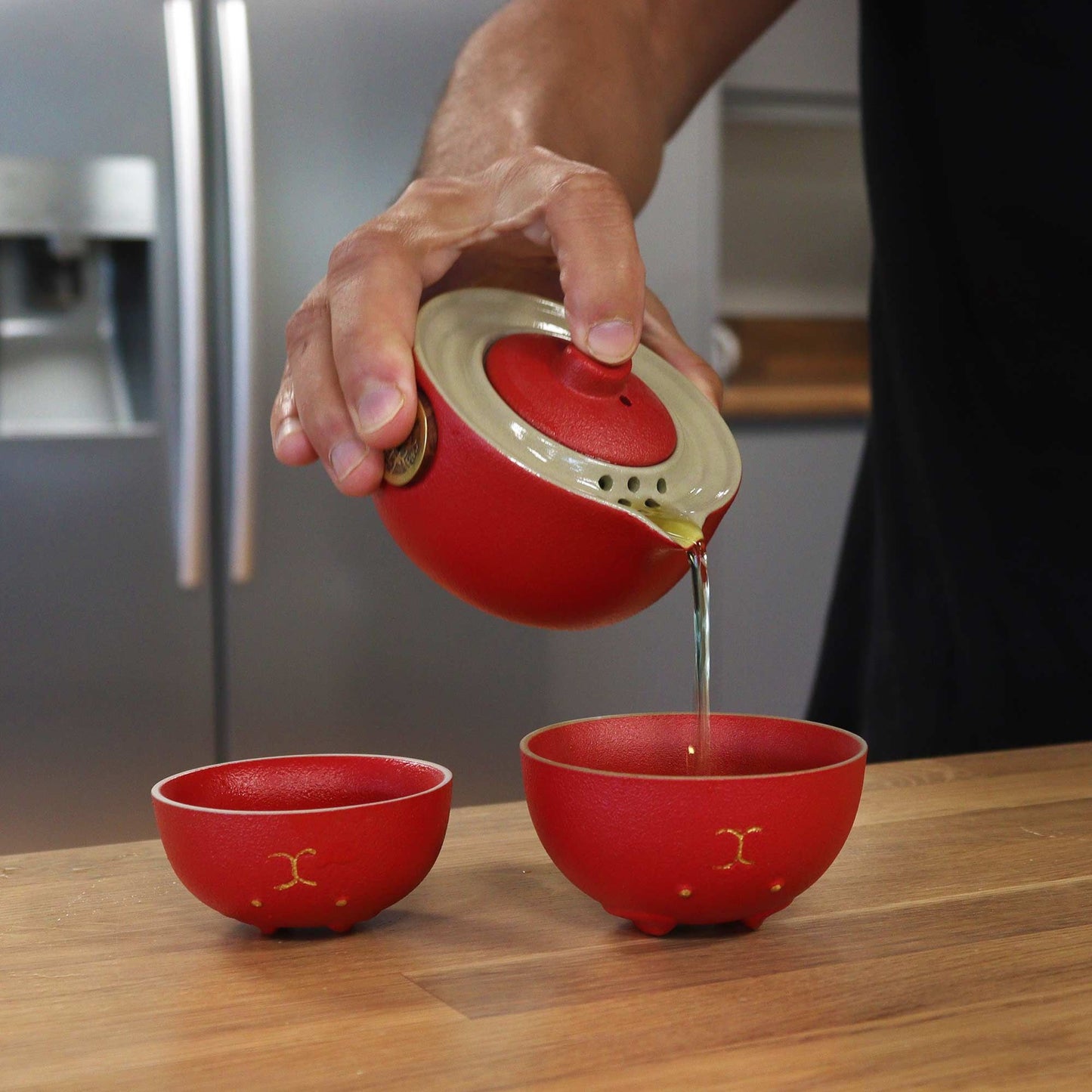 Red Money Cat Ceramic Teapot Set 3 Piece Travel Pack | 1 Pot and 2 Cups | Lucky Cat Tea Gift