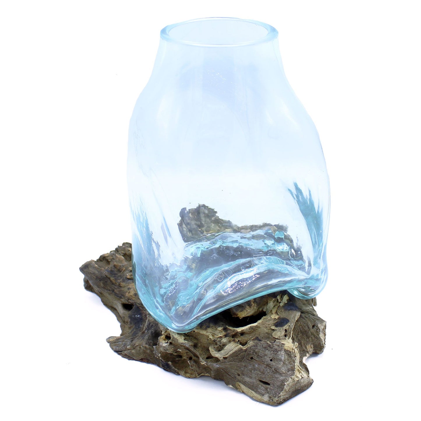 Large Molten Glass Terrarium Vase on Driftwood | Handmade in Bali | 27x23x22cm | New