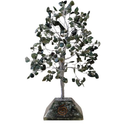 Moss Agate Gemstone Tree with Orgonite Base | 320 Stones | 20.5x8cm | New