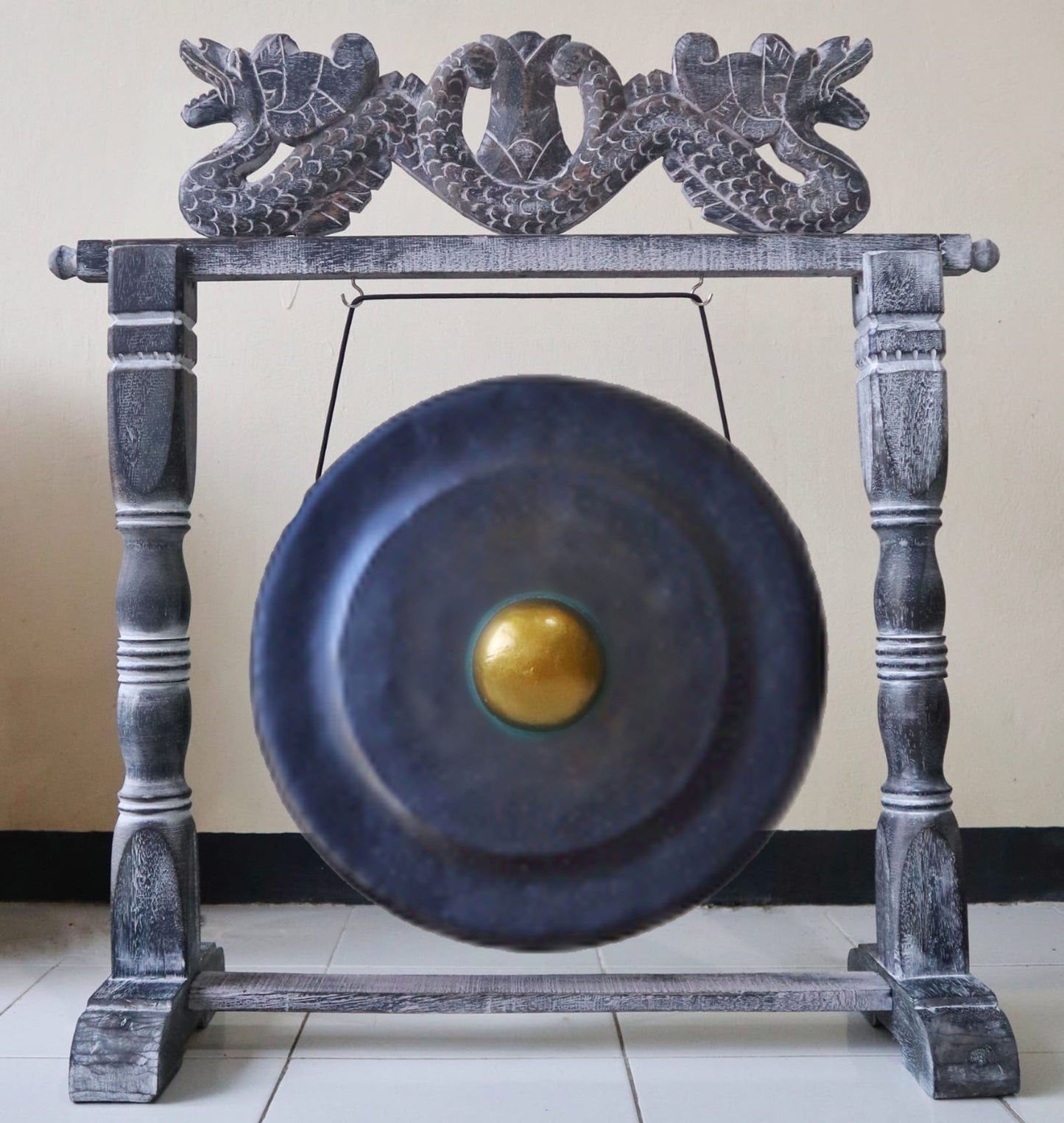 Balinese Healing Gong on Carved Stand | Medium | 50cm | Black | 80x50x85cm | New