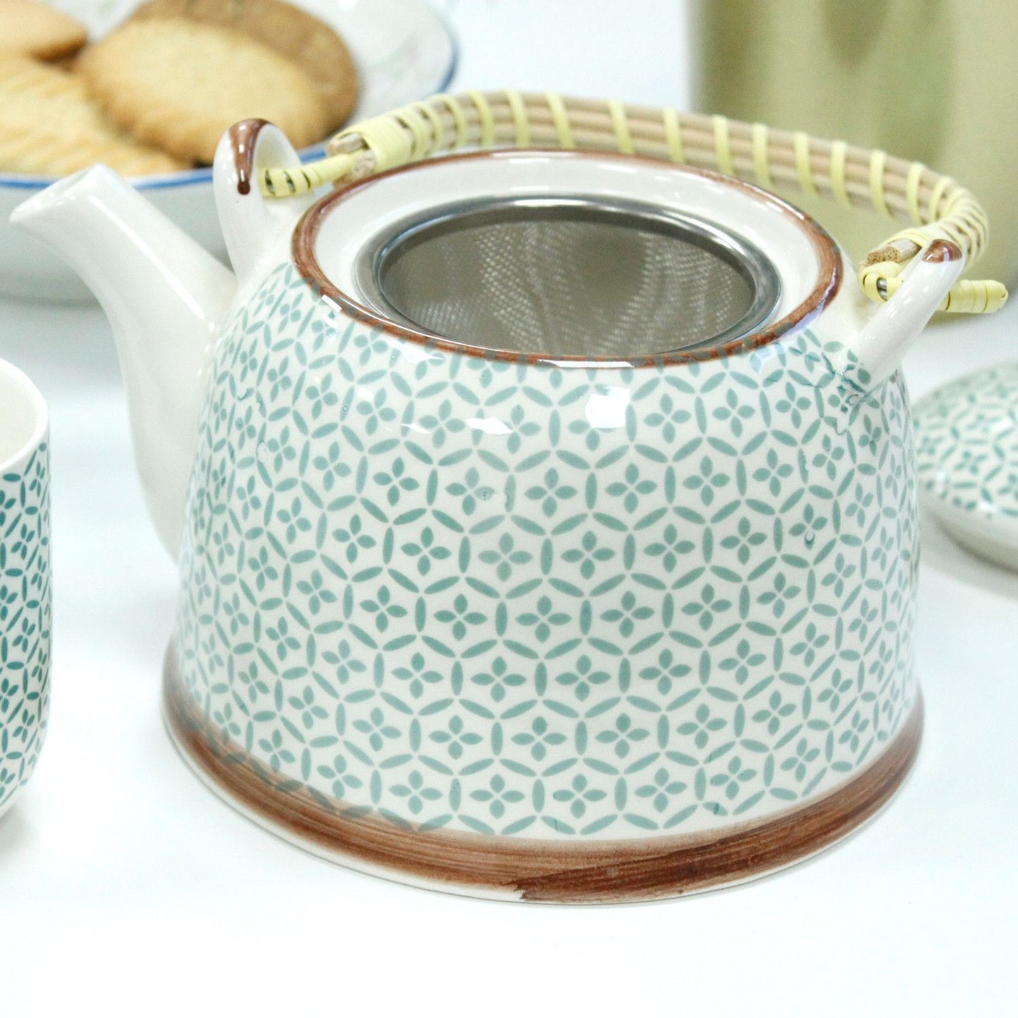 Green Mosaic Ceramic Herbal Teapot Set 7 Piece | Artisan Style | Sophisticated Tea Lover Gift Set