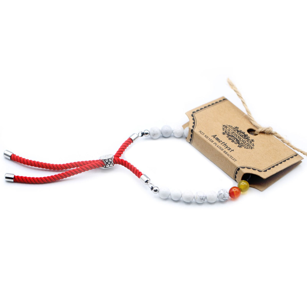 White Howlite Chakra String Bracelet | 925 Silver Plated Slider | Red Rope Cord | Adjustable | Unisex