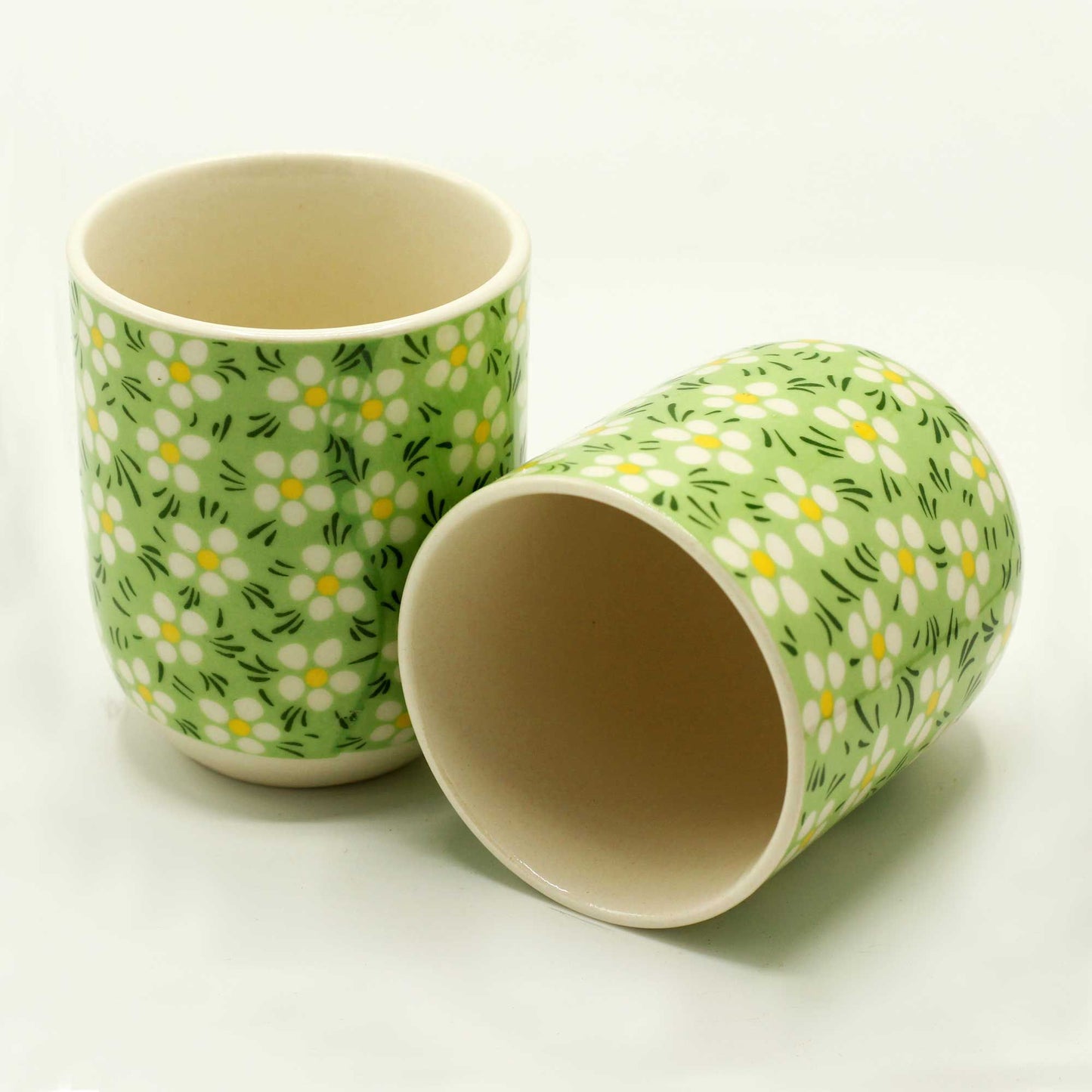 Green Daisy Ceramic Herbal Tea Cup Set of 6 | Artisan Style | Perfect Tea Lover Gift Set
