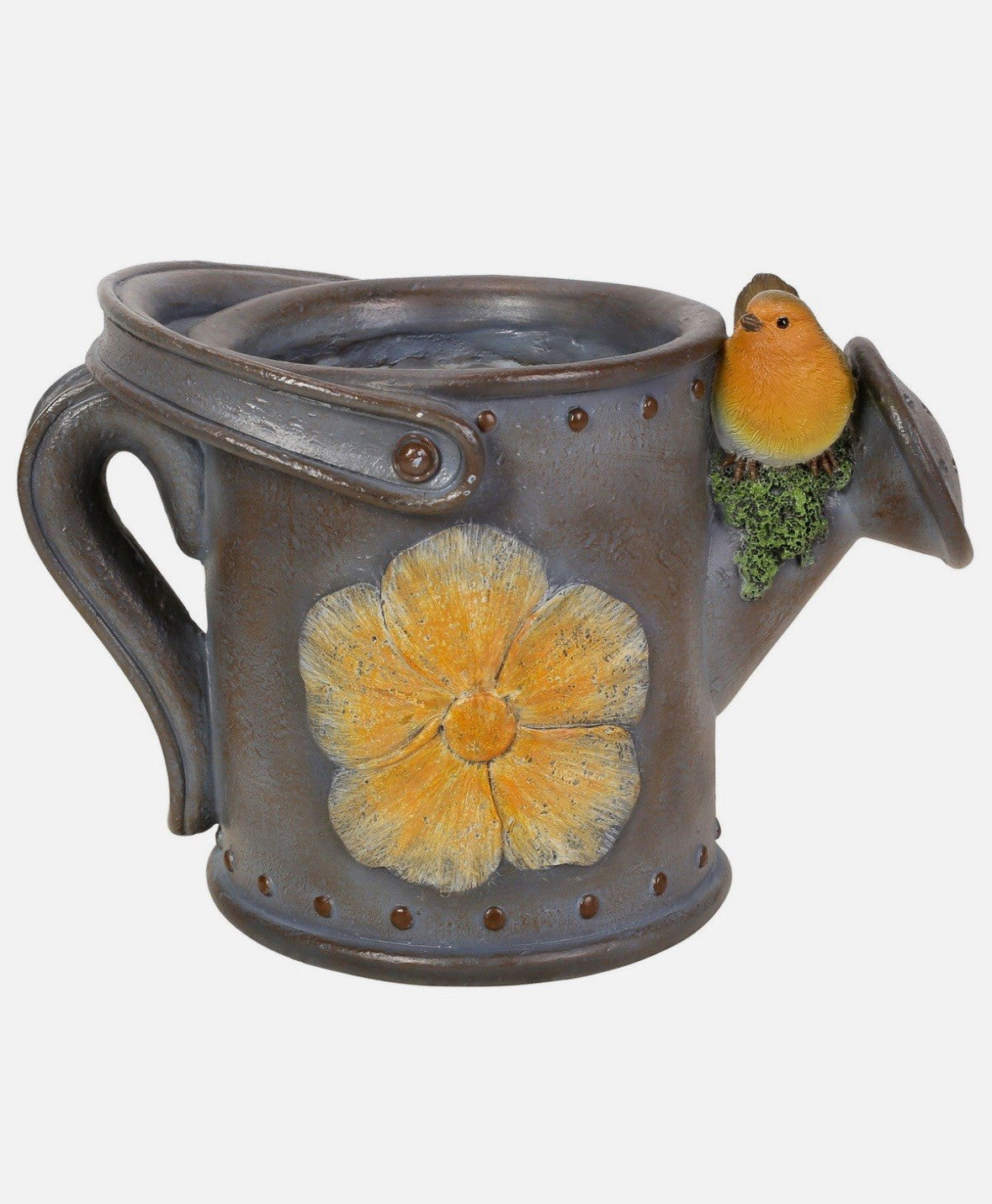 Vivid Arts Robin on Watering Can Planter with Leaf | Resin Garden Ornament | Frost Resistant