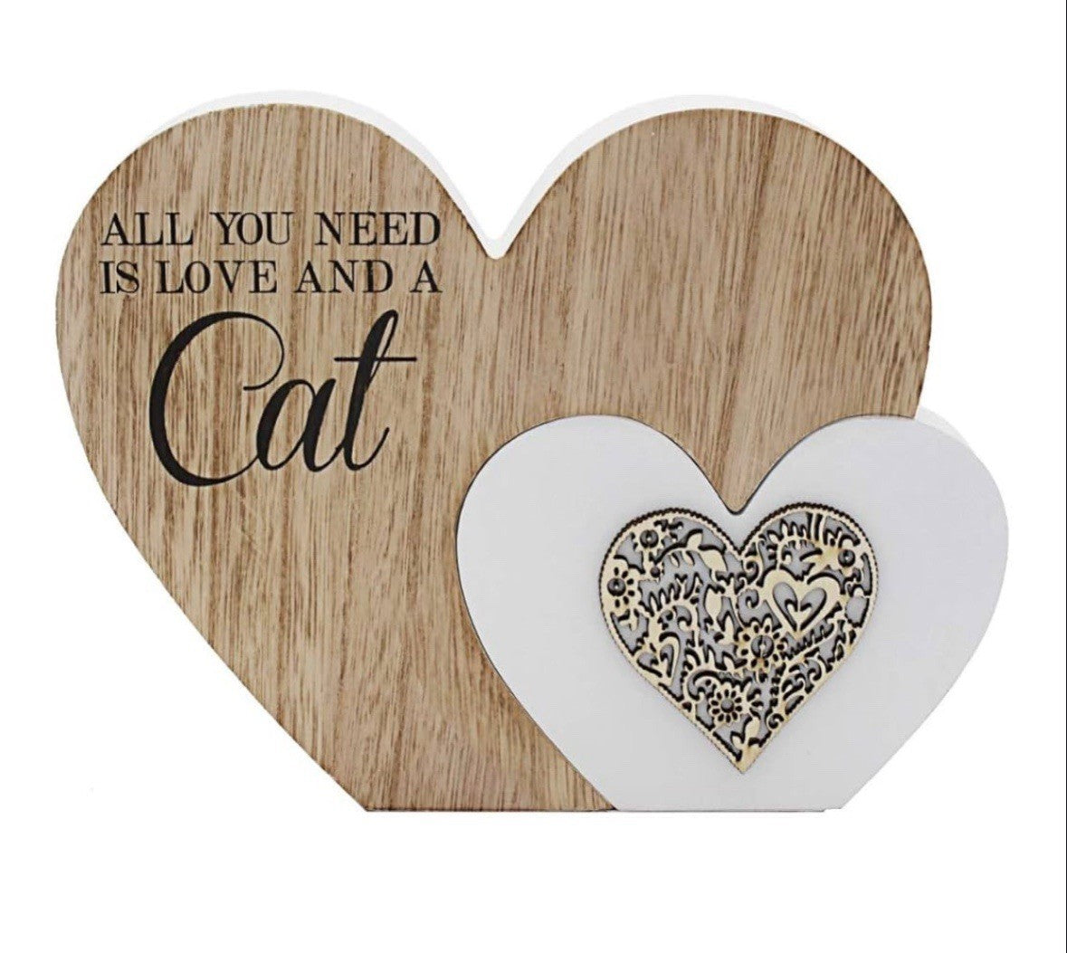 All You Need Is Love And A Cat Wooden Heart Plaque | 22cm Free-Standing | Perfect Cat Lover Gift