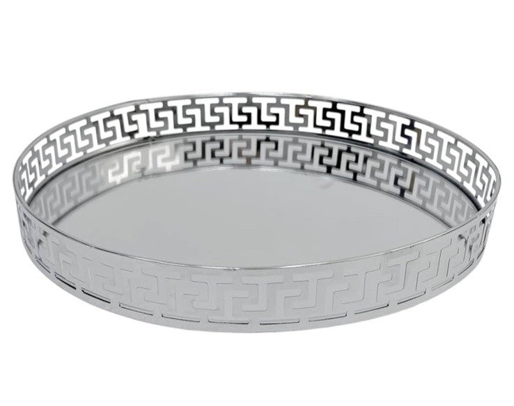 Large Round Silver Mirror Tray 32cm | Heavy Solid Metal | Designer Style Vanity Serving Tray