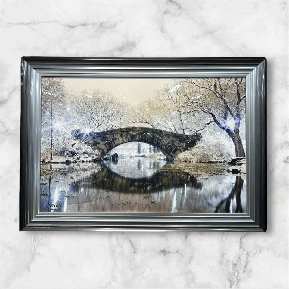 New York Central Park Bridge Glass Liquid Art Picture | Diamante Crystals | 104cm × 74cm | High Gloss | UK Made