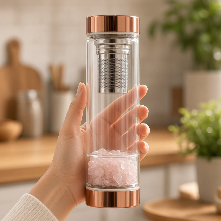 Crystal tea infuser bottles with gemstone chambers