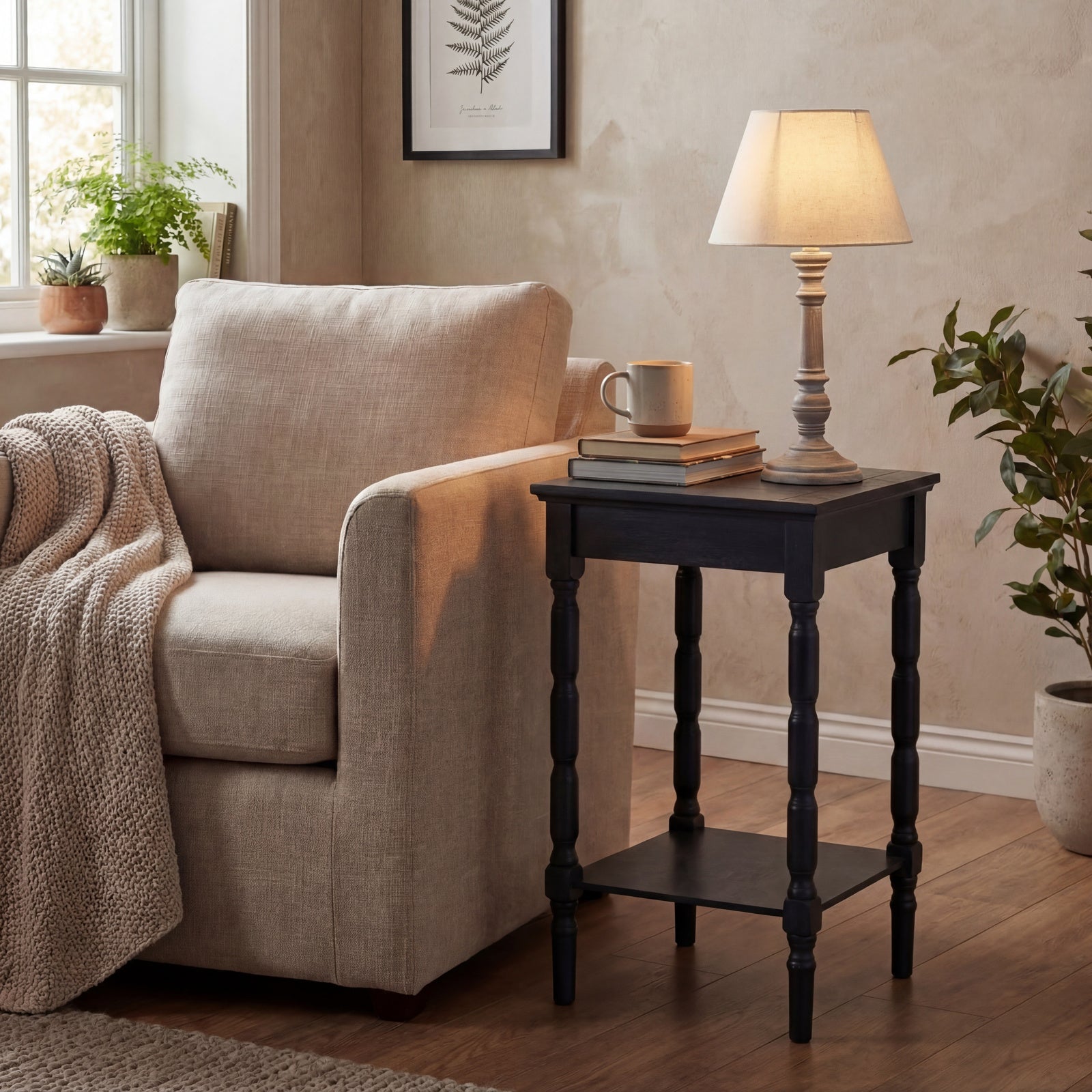 Pella table lamp in washed wood with neutral linen shade