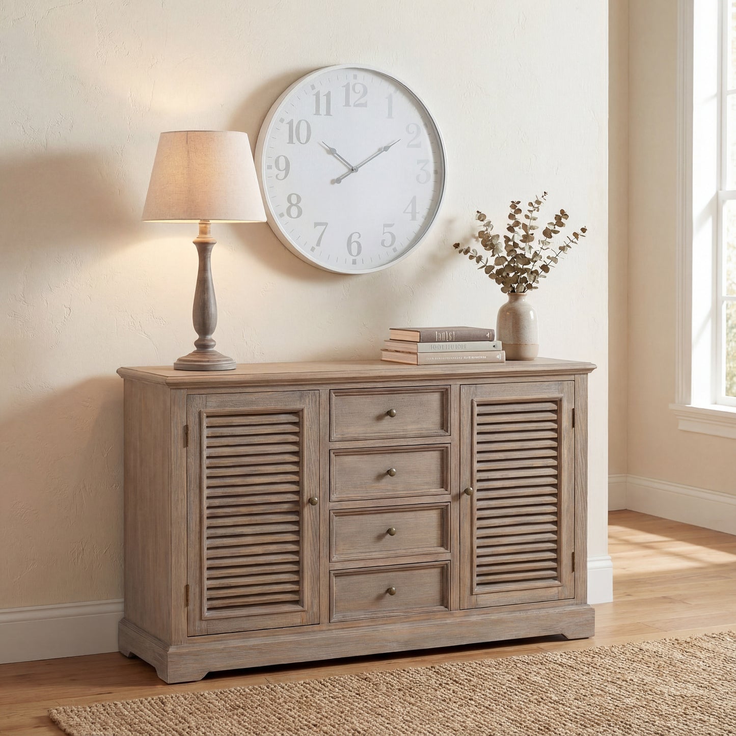 Teos table lamp in whitewashed wood with curved base and linen shade