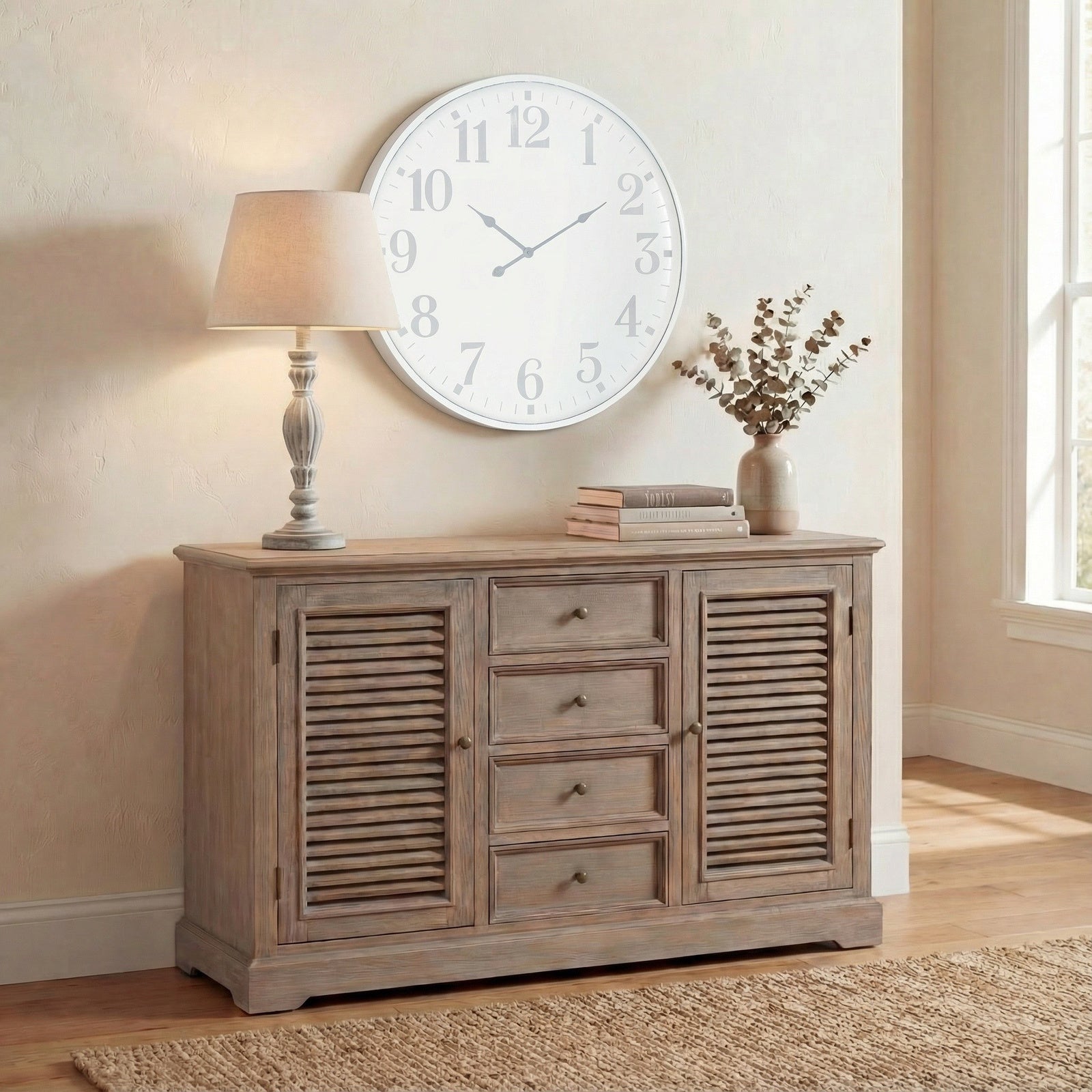 Aegina carved wooden table lamp with neutral linen shade