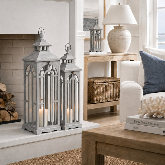 Set of three whitewashed wooden lanterns with archway design