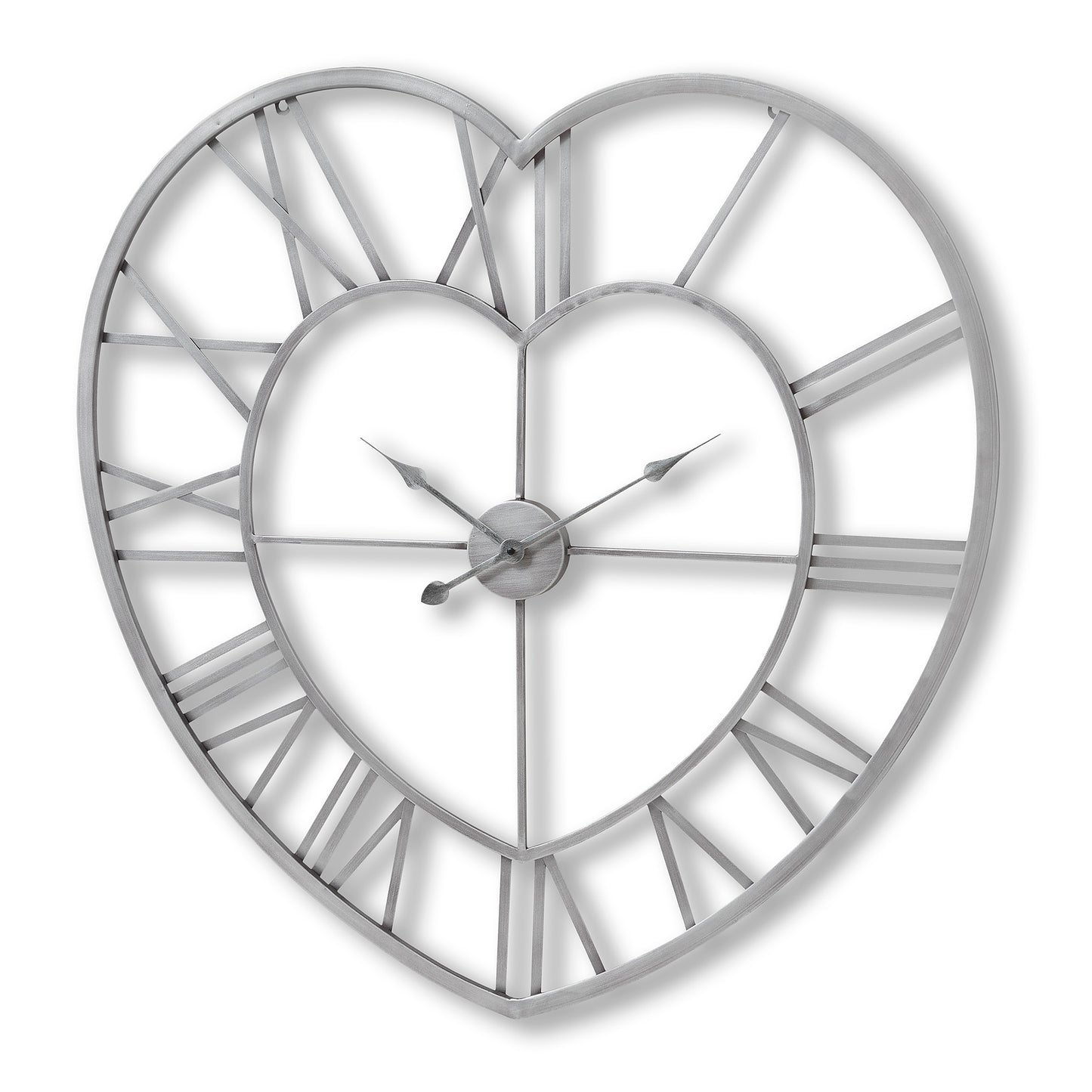 Silver Heart Skeleton Wall Clock Open Face Roman Numerals 89cm
