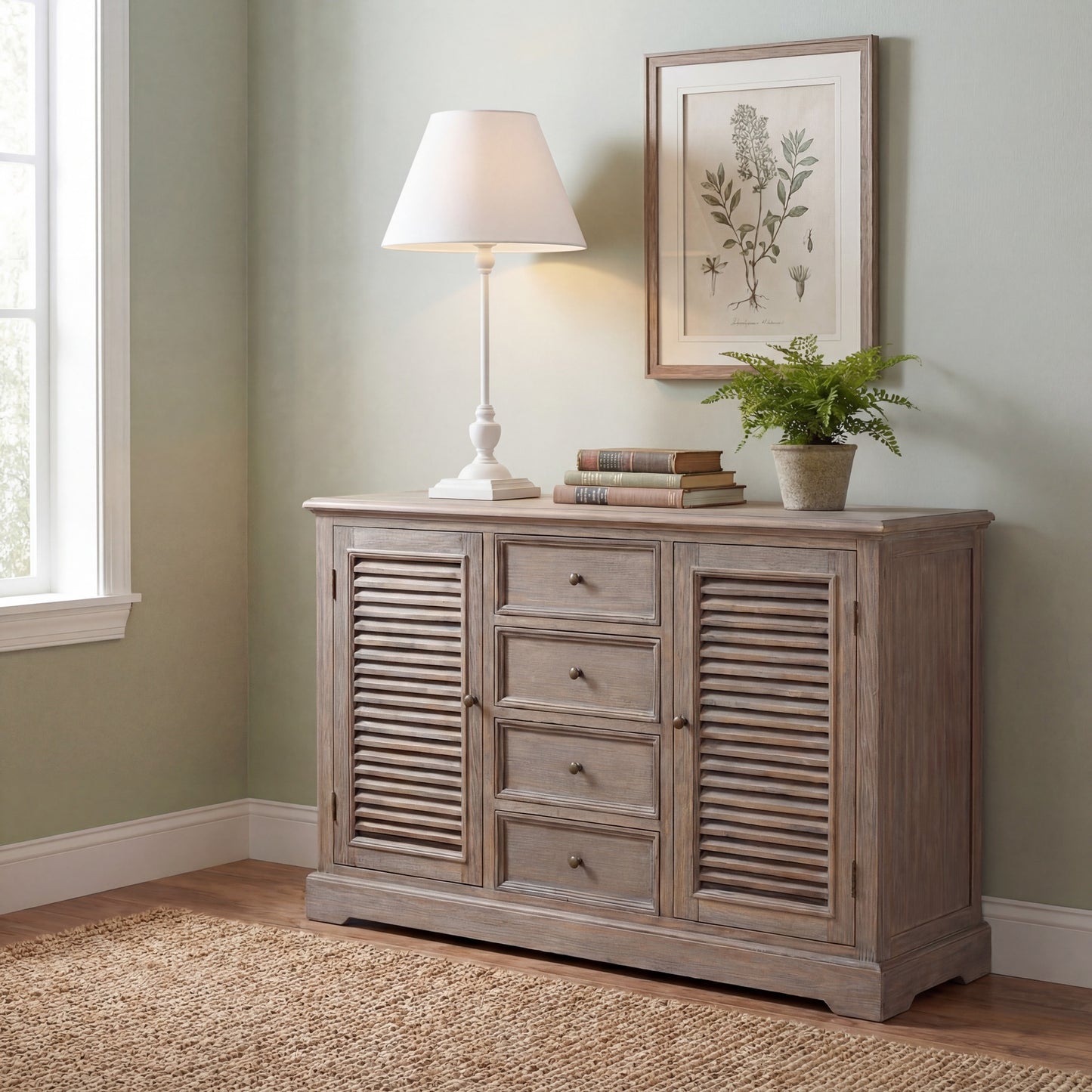 Symi slim table lamp in white distressed wood with linen shade