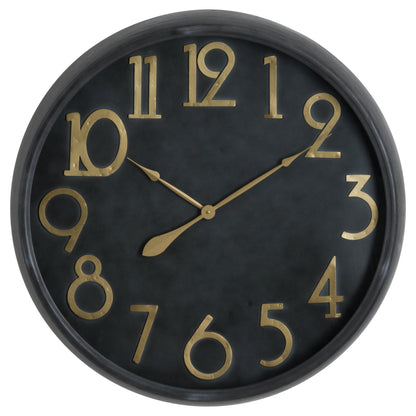 Large Round Brass and Black Wall Clock Retro Style Deep Black Face 80cm