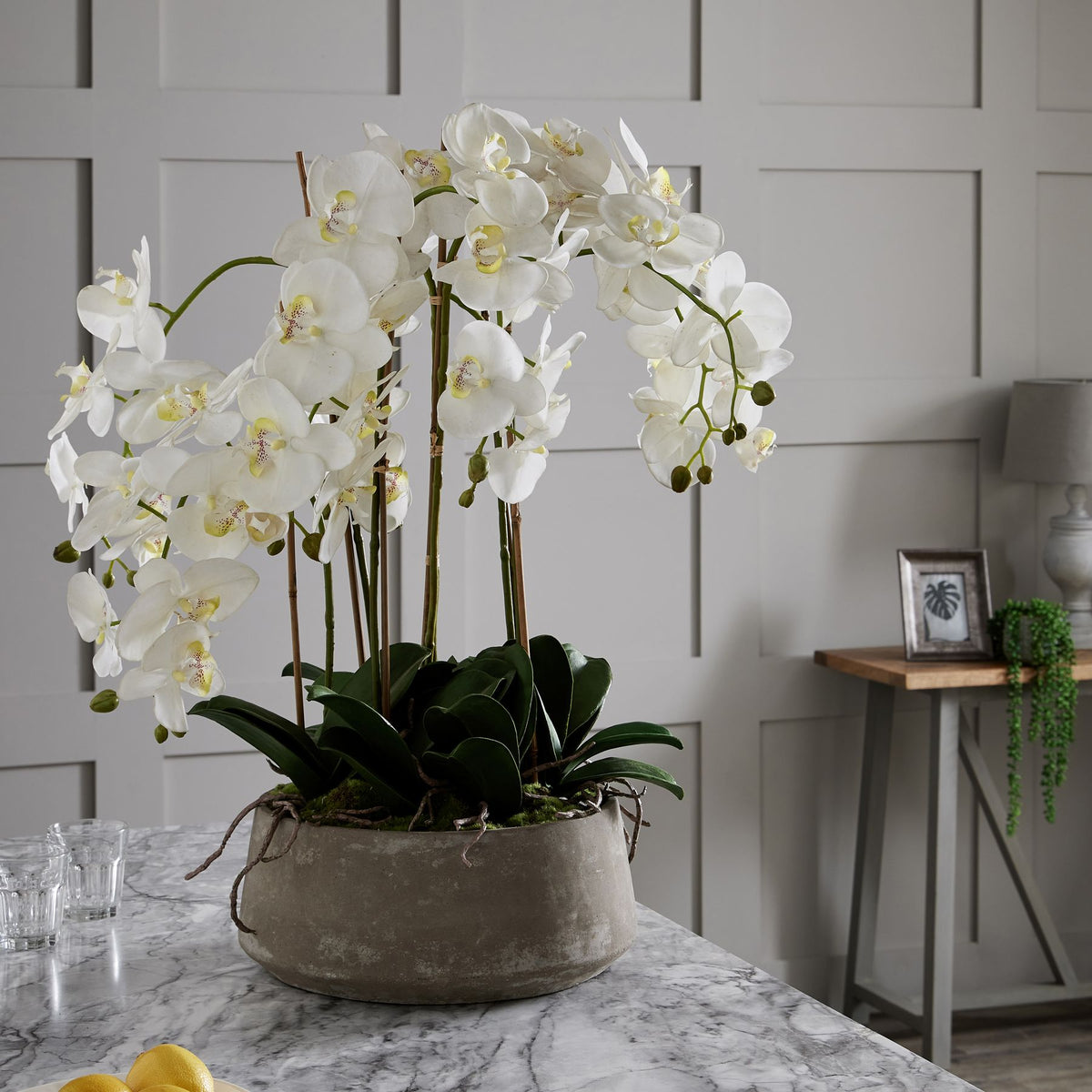 Large White Orchid In Stone Pot Artificial Orchid close up