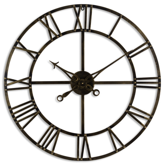 Round Antique Brass Skeleton Wall Clock Open Face Exposed Gears 80cm