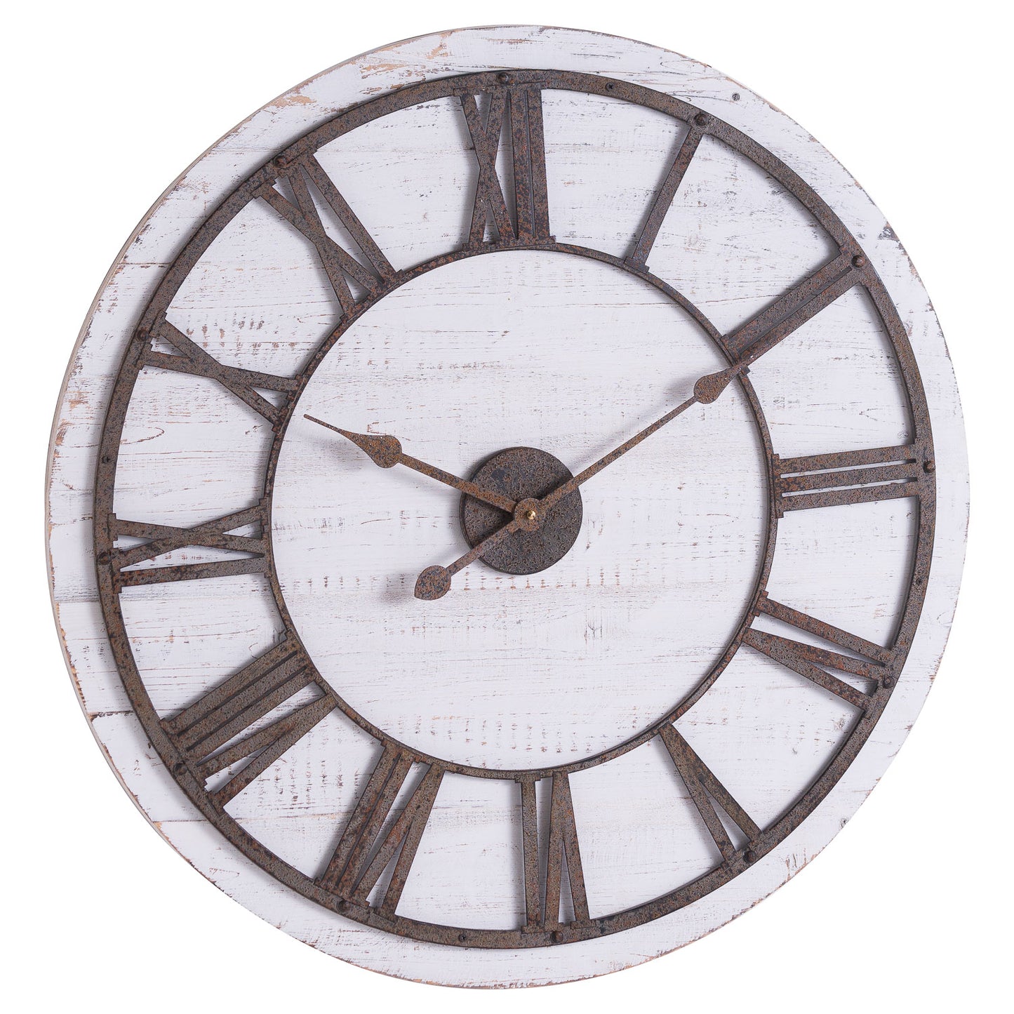Round Rustic Wooden Wall Clock Whitewash Finish Aged Metal Numerals 68cm