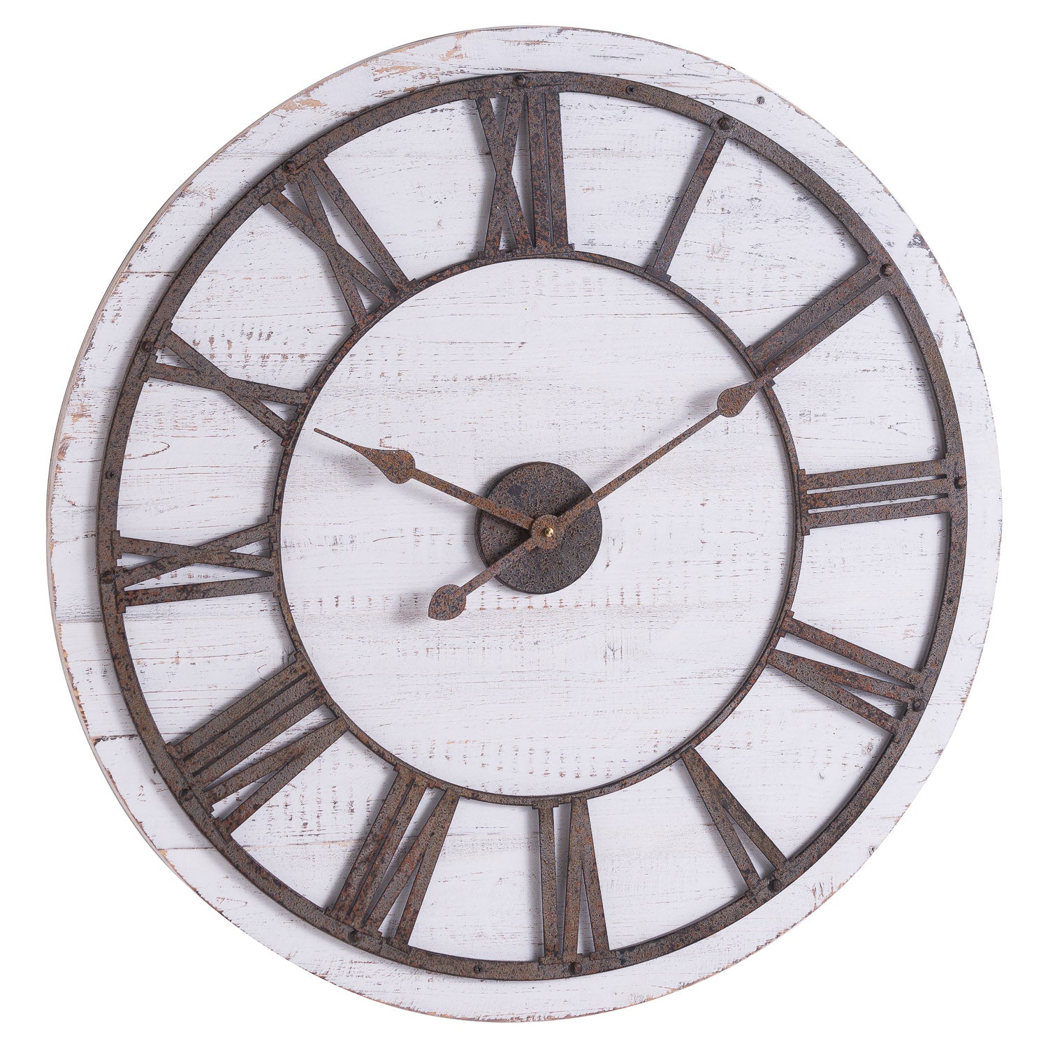 Round Rustic Wooden Wall Clock Whitewash Finish Aged Metal Numerals 68cm