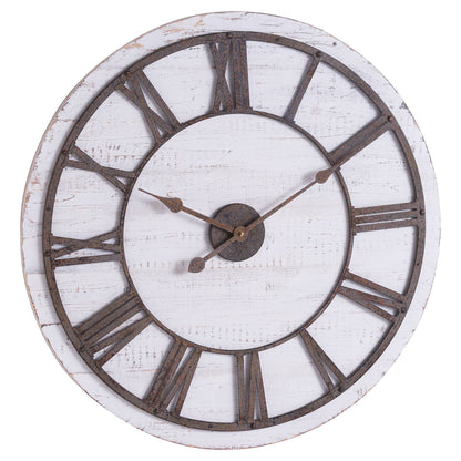 Round Rustic Wooden Wall Clock Whitewash Finish Aged Metal Numerals 68cm