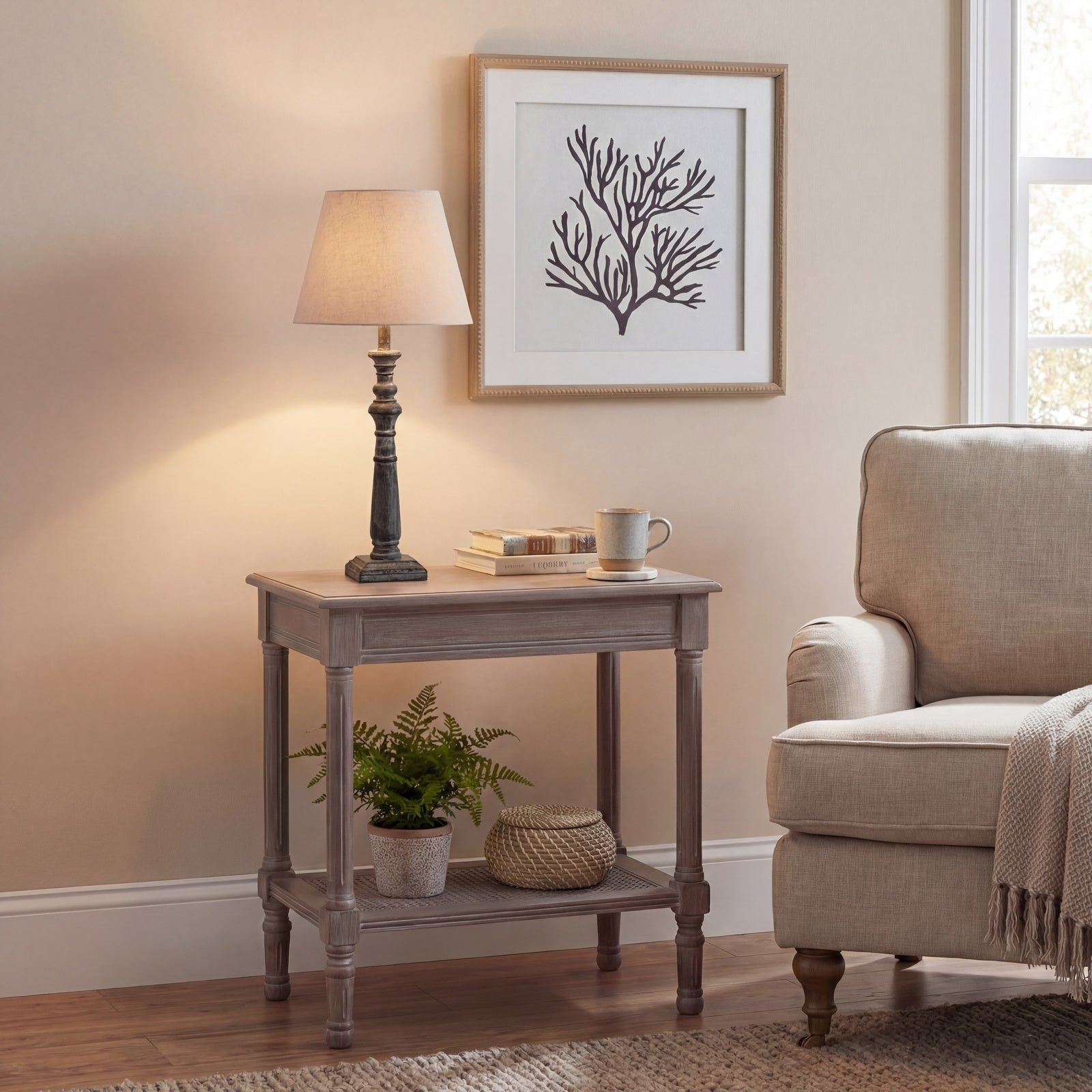 Incia column table lamp in grey-washed wood with linen shade