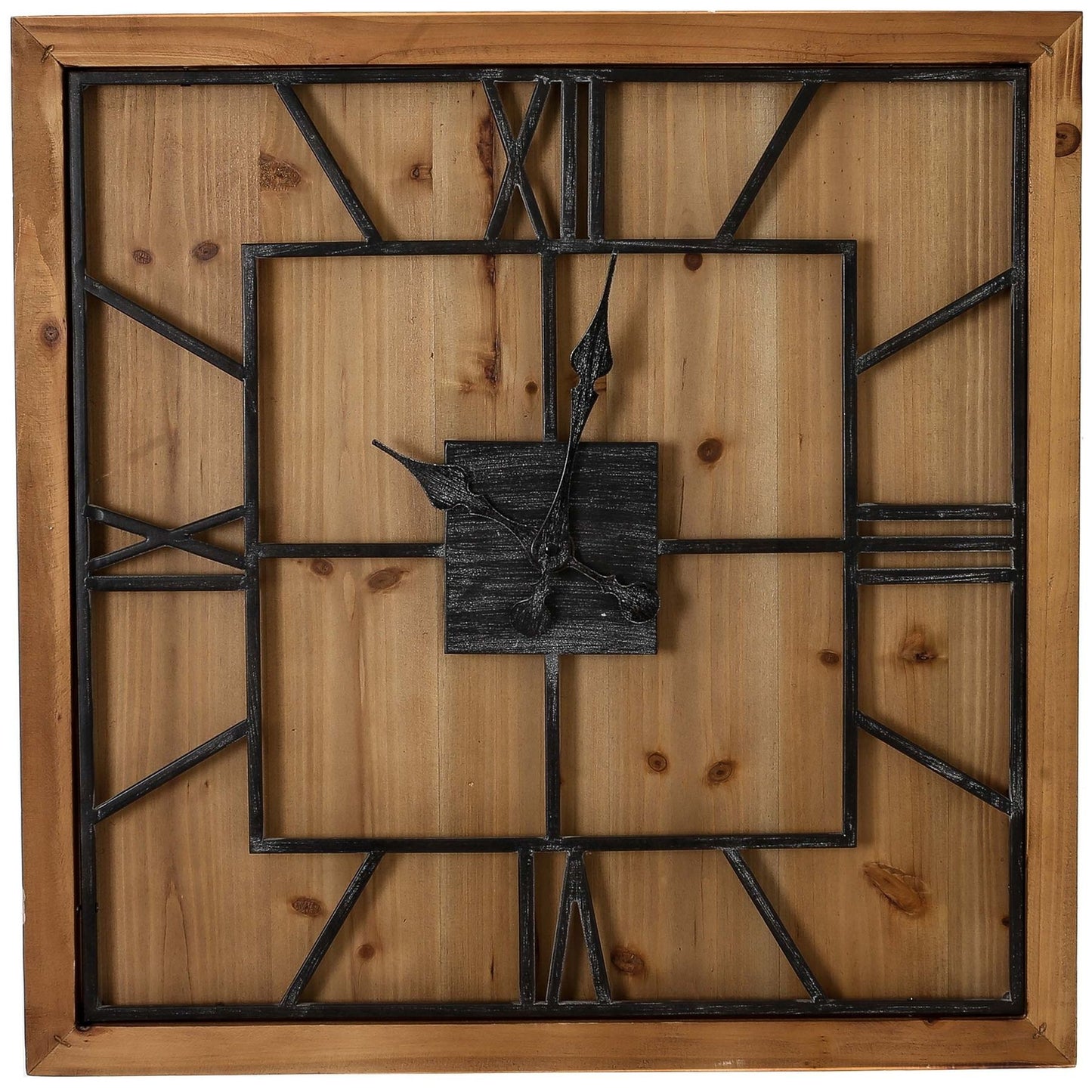 Large Square Wooden Wall Clock Grey Metal Roman Numerals 90cm