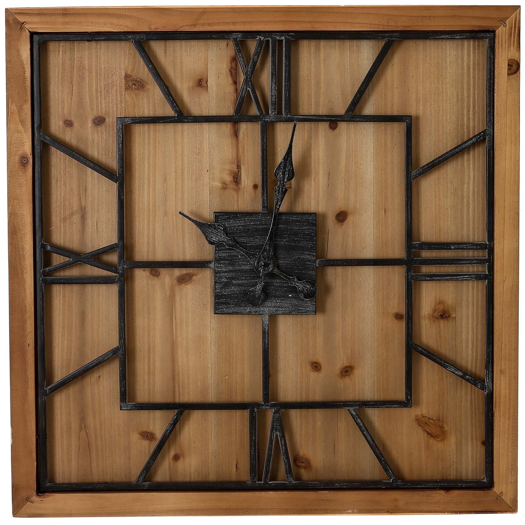 Large Square Wooden Wall Clock Grey Metal Roman Numerals 90cm