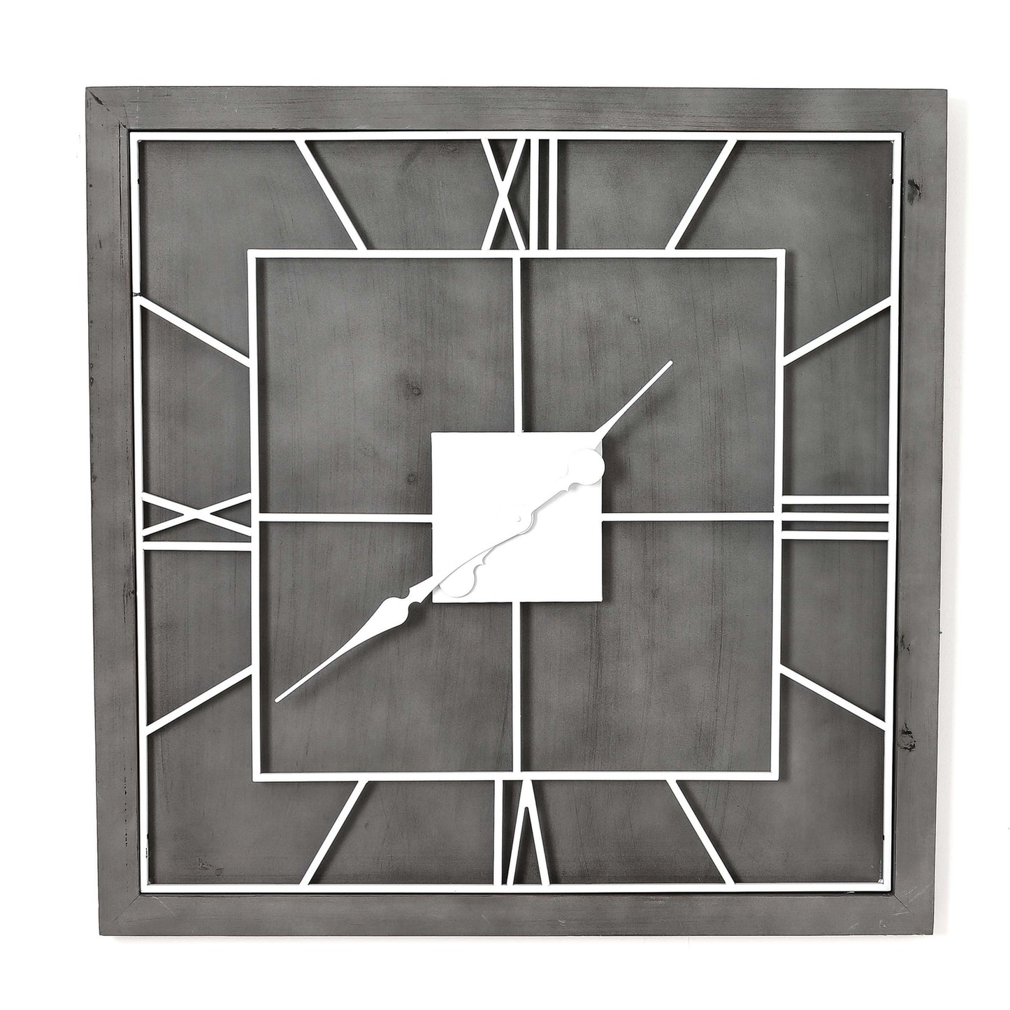 Square Grey Painted Wooden Wall Clock White Metal Numerals 60cm