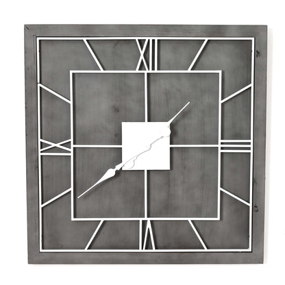 Square Grey Painted Wooden Wall Clock White Metal Numerals 60cm