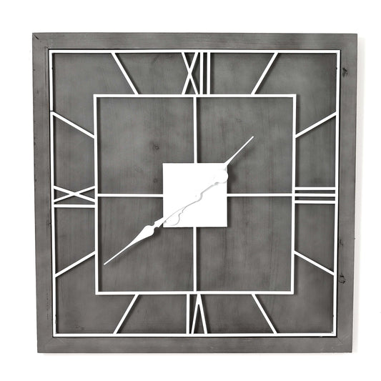 Square Grey Painted Wooden Wall Clock White Metal Numerals 60cm