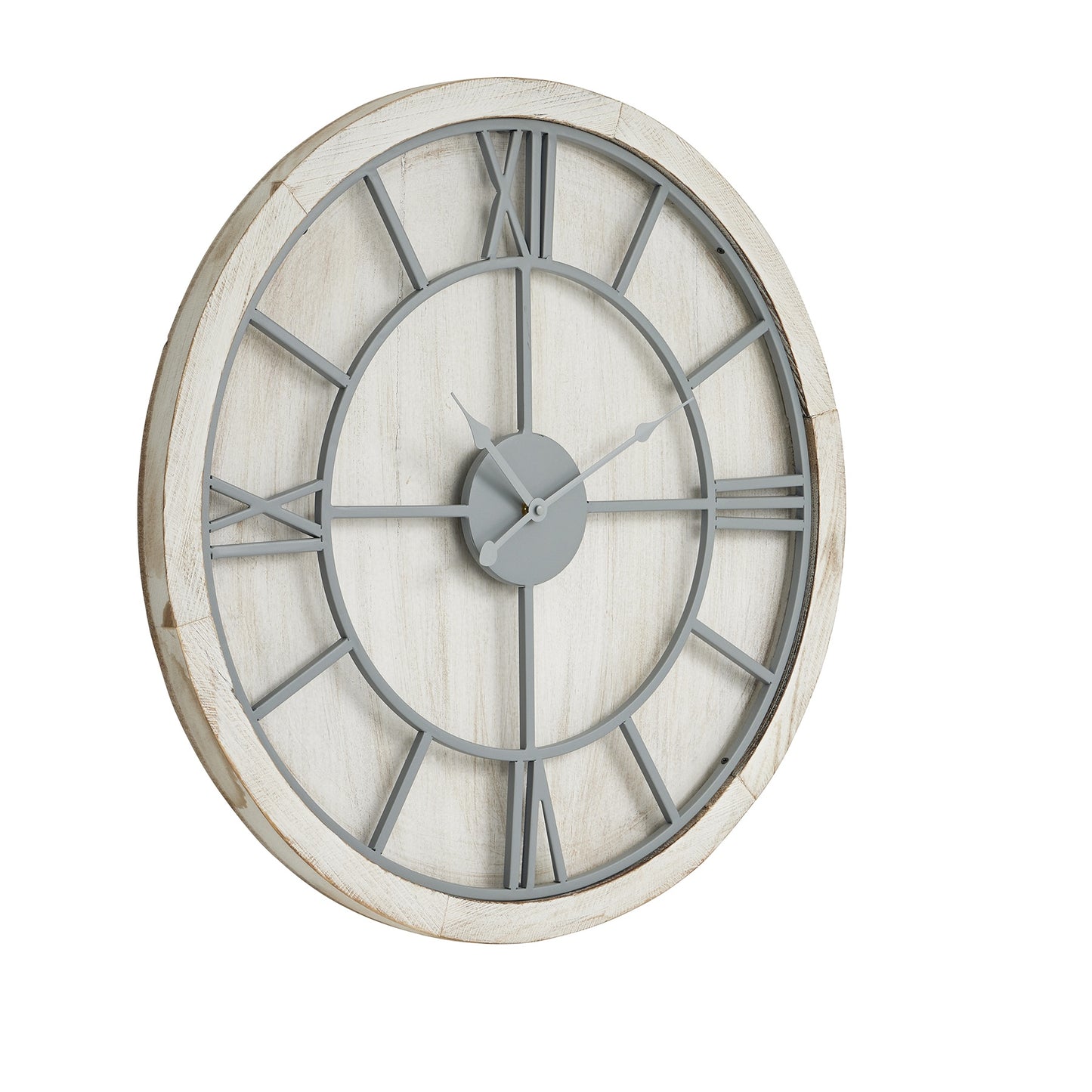 Round White Washed Wooden Wall Clock Grey Metal Roman Numerals 60cm