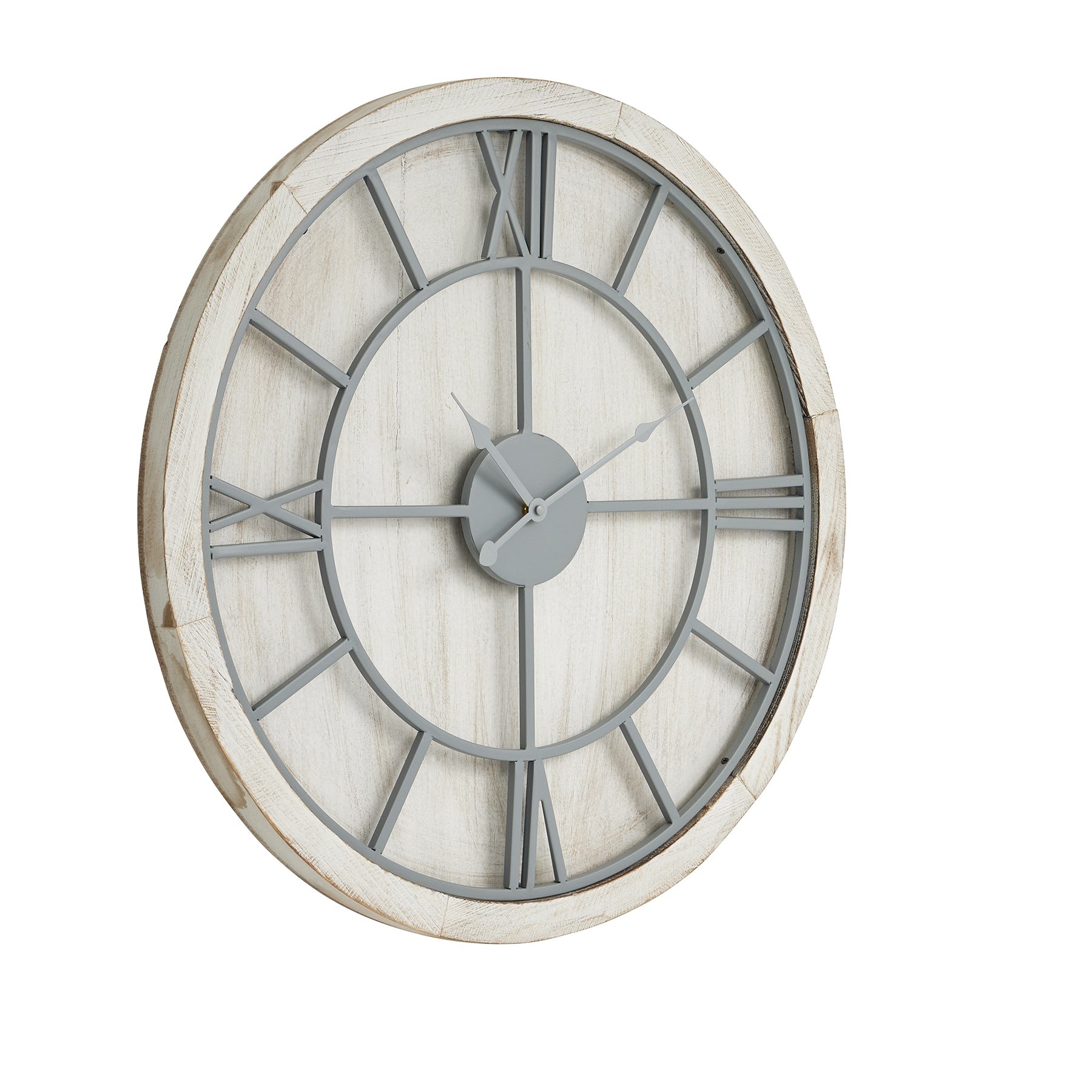 Round White Washed Wooden Wall Clock Grey Metal Roman Numerals 60cm