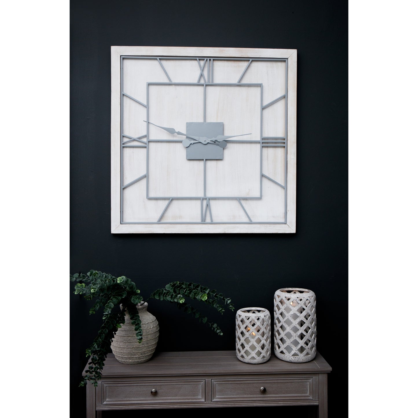 Large Square Whitewashed Wooden Wall Clock 90cm - detail