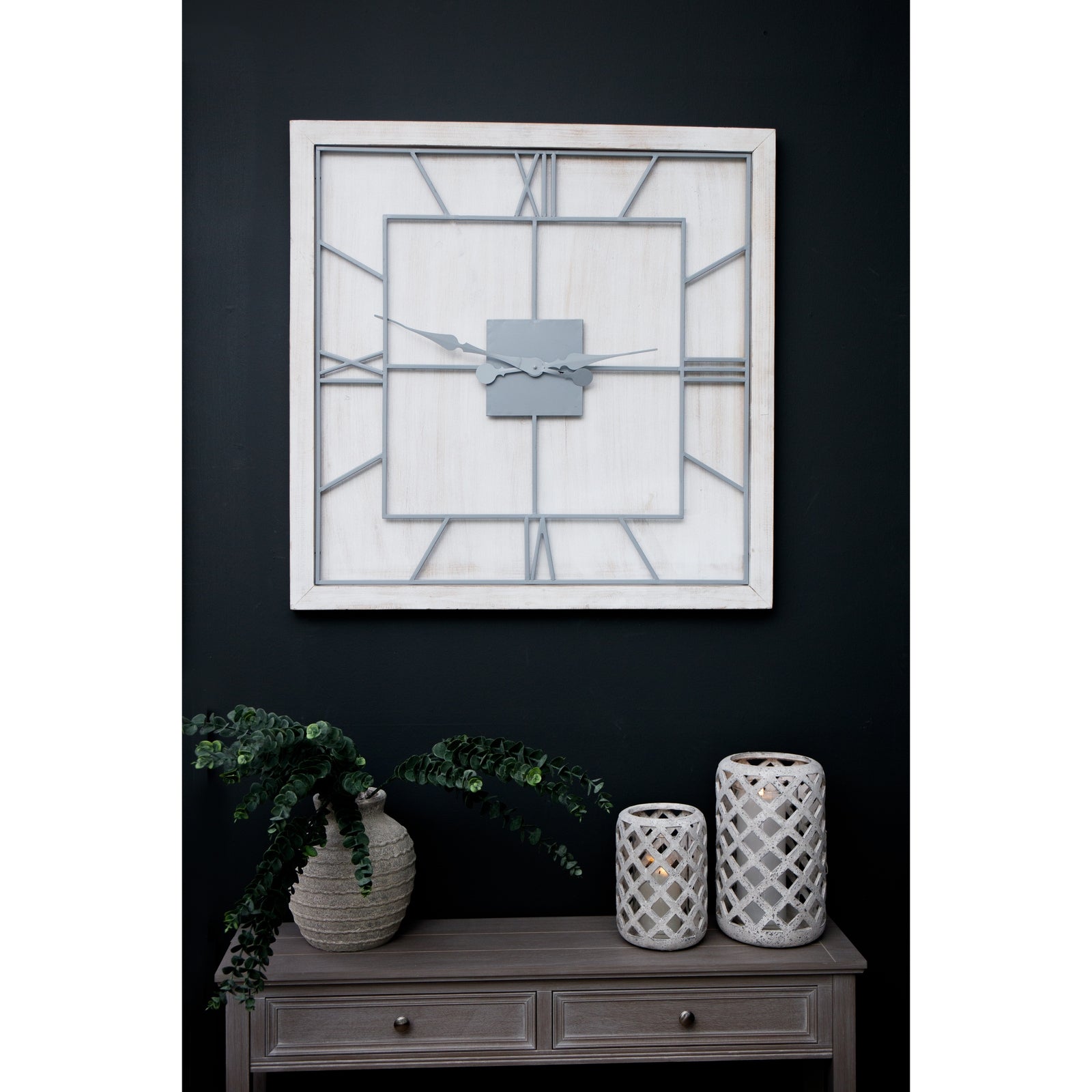 Large Square Whitewashed Wooden Wall Clock 90cm - detail