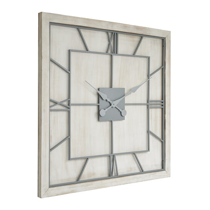 Large Square Whitewashed Wooden Wall Clock Grey Metal Roman Numerals 90cm