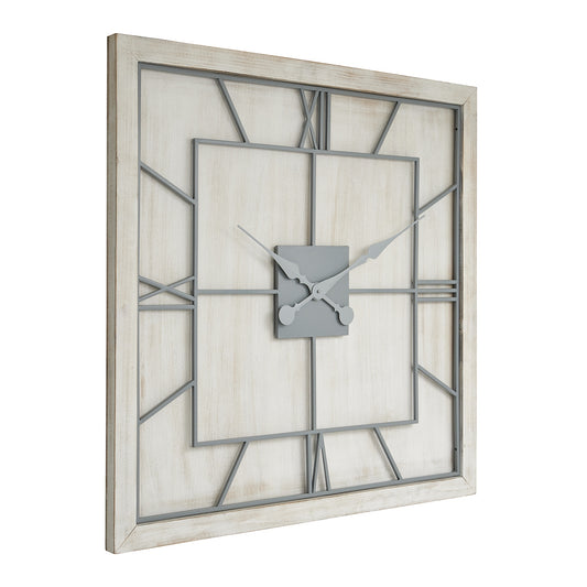 Large Square Whitewashed Wooden Wall Clock Grey Metal Roman Numerals 90cm