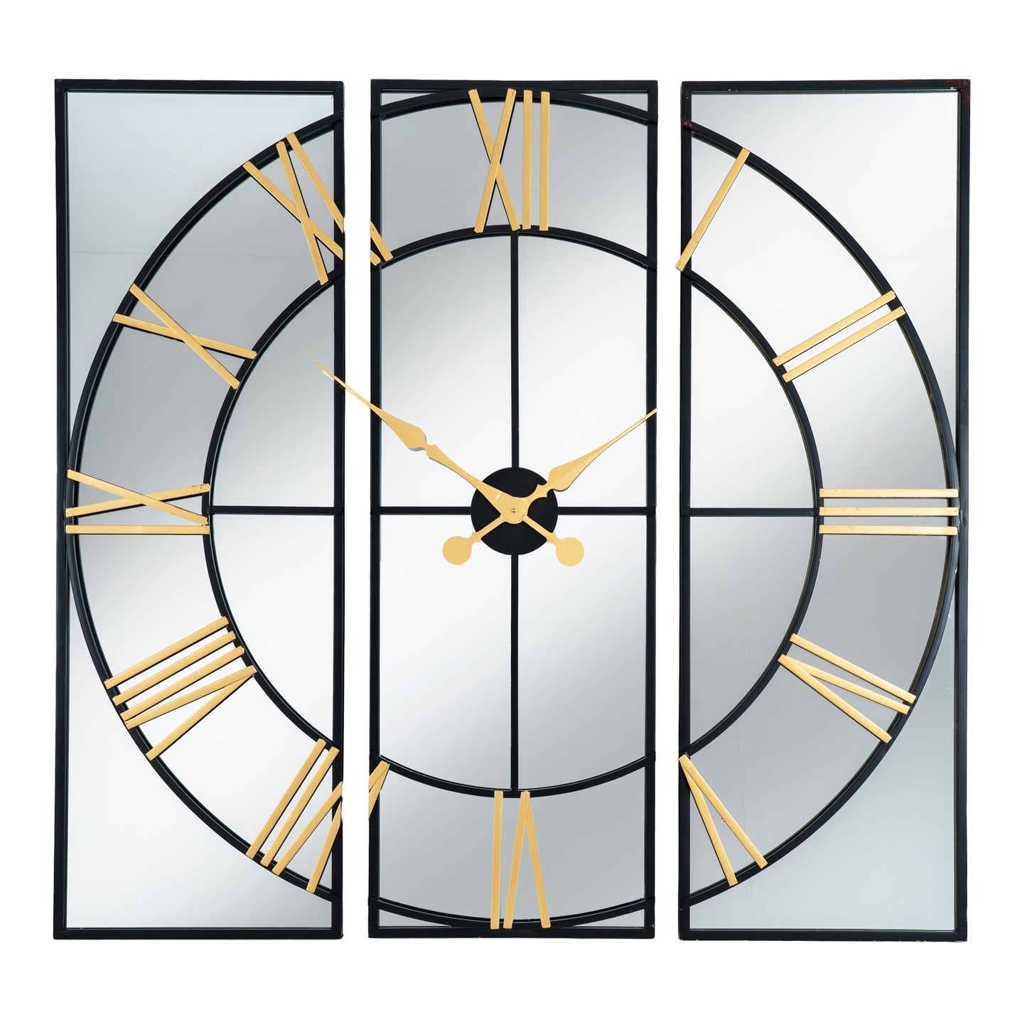 Black and Gold Mirrored Wall Clock 113cm Three Panel