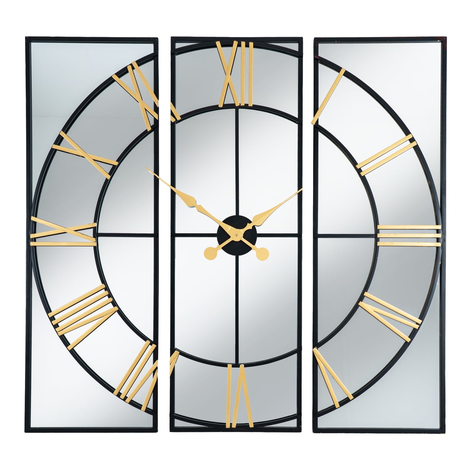 Black and Gold Mirrored Wall Clock 113cm Three Panel