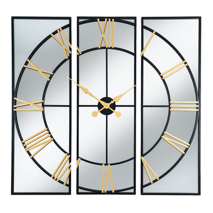 Black and Gold Mirrored Wall Clock 113cm Three Panel
