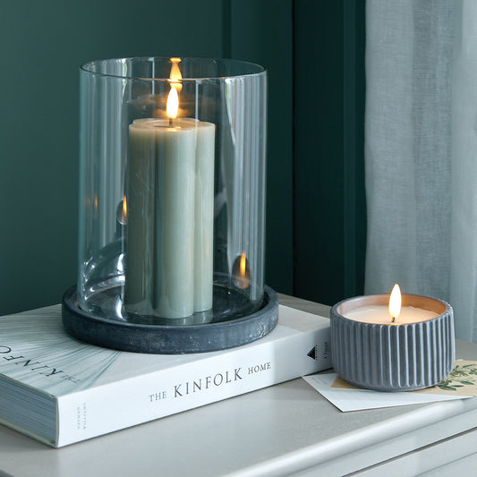 Amalfi grey large hurricane lantern in weathered ceramic, 21cm