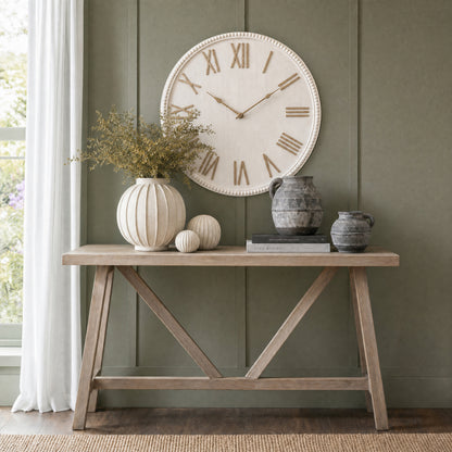 Large Round White Wall Clock Beaded Wooden Frame 80cm