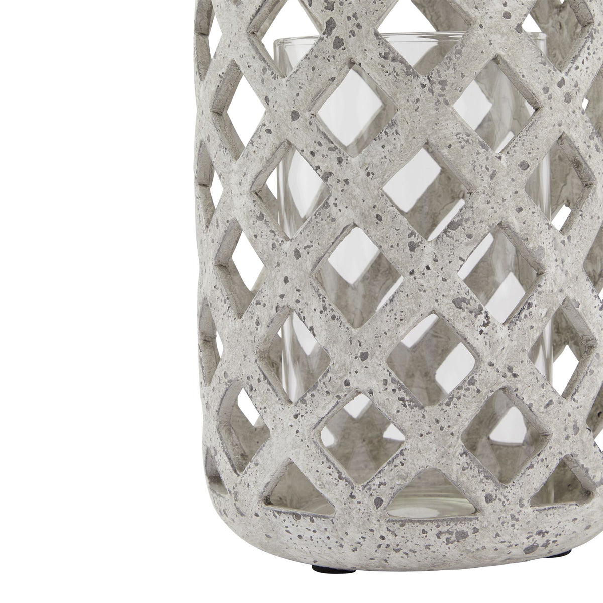 Grey stone effect hurricane lantern styled with dried stems